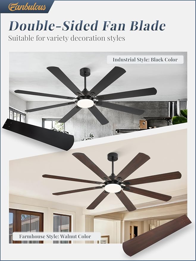 Fanbulous 72 Inch Ceiling Fans with Lights, Black Modern Ceiling Fan with Remote,Large Farmhouse Indoor & Outdoor Ceiling Fan with 8 Dual Finish Blades, Quiet DC Motor, Bright LED Light