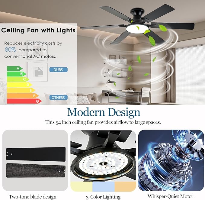 Ceiling Fans with Lights,54 Inch Low Profile Ceiling Fan with Light and Remote Control,6 Speeds/6 Blade,Flush Mount,LED Dimmable DC Reversible Modern, Black Ceiling Fan for Bedroom/Living Room