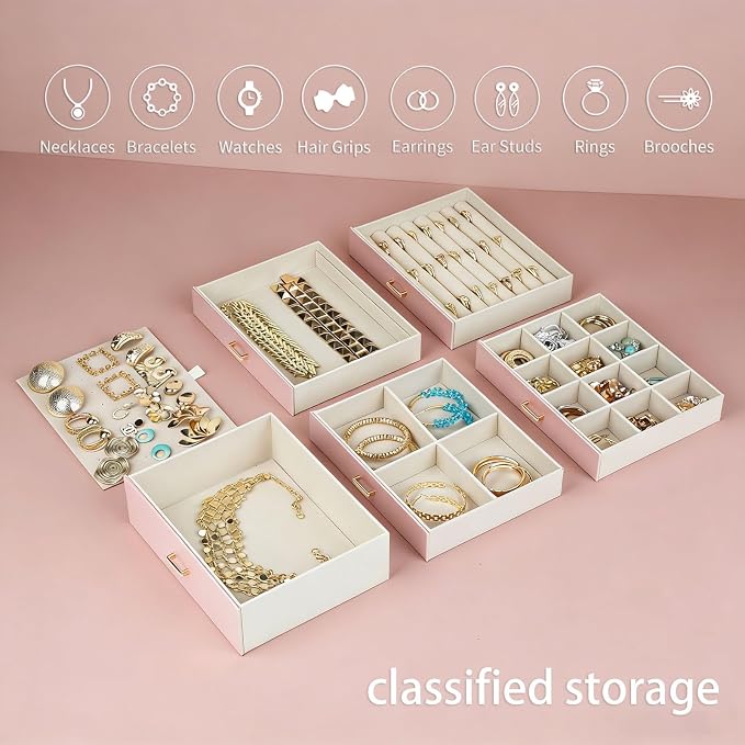 BOOVO Large Jewelry Boxes For Women (Rose Gold, 6 Layer) | 6 Layers Jewelry Organizer Box With Cosmetic Storage Drawer, Necklace Ring Jewelry Organizer Box