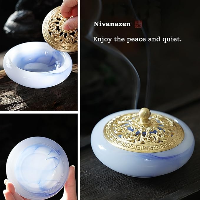 Incense Holder with Brass lid,Cone Incense Burner Suitable for Incense Sticks Coil,Artificial Glazed Jade Censer for Yoga Meditation, Home Decor