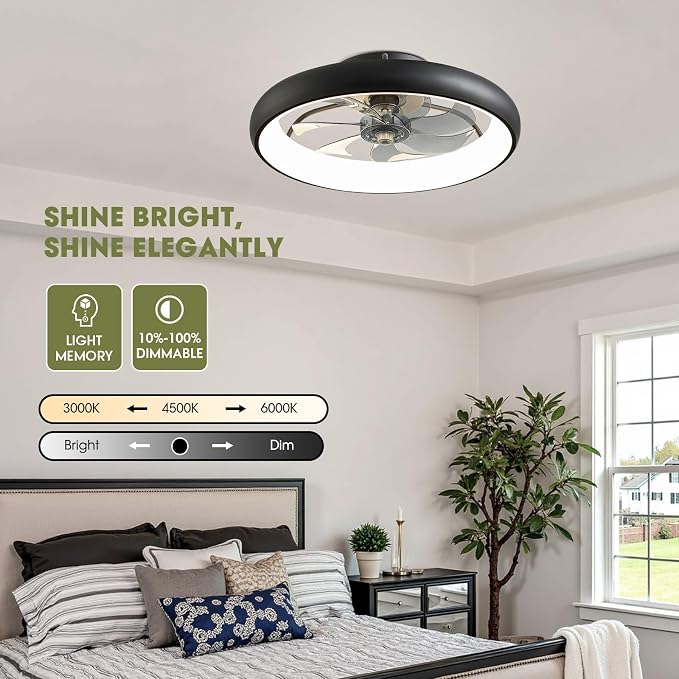 Ceiling Fans with Lights and Remote, 20'' Low Profile Flush Mount, 6 Wind Speeds, Modern Dimmable LED Ceiling Fan, Smart Ceiling Fan for Bedroom, Kids Room (Black)
