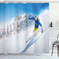 Ambesonne Winter Shower Curtain, Skier Skiing Downhill in High Mountains Extreme Winter Sports Hobby Activity, Cloth Fabric Bathroom Decor Set with Hooks, 69" W x 70" L, Blue White