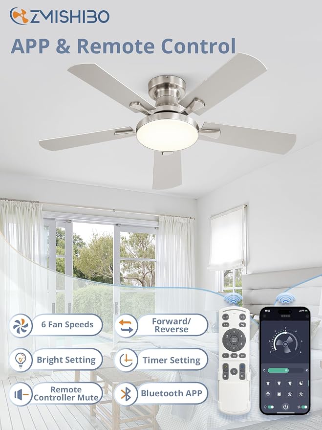 ZMISHIBO 42 Inch Ceiling Fans with Lights, Flush Mount Low Profile Ceiling Fan with 6 Speeds & 3CCT, Smart Remote&APP Control, Dimmable 24W LED Light, Quiet DC Motor for Living Room Bedroom,Nickel