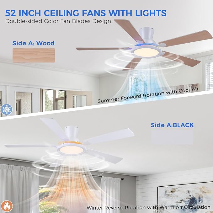 Ayaoty Ceiling Fans with Lights - 52in Flush Mount Ceiling Fan with RGB Dimmable, 3CCT 6 Wind Speeds and Reversible Quiet Motor, Low Profile RGB Fan Light for Modern Indoor, Party - White