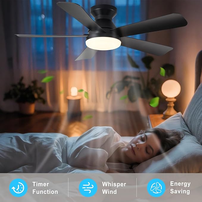 Depuley Ceiling Fan with RGB Light: 42-Inch Black Small Fans for Bedroom Indoor Outdoor - Dimmable Low Profile Ceiling Fans with Remote Control Flush Mount 5 Reversible Black Blades 6 Speeds Timer