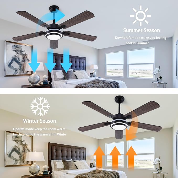QUTWOB 52" Brushed Nickel Ceiling Fans,Farmhouse 5 Blades Ceiling Fans with Lights, Indoor/Outdoor Ceiling Fan with Remote Control for Patio, Bedroom,Living Room,Dining Room,etc. (Black)