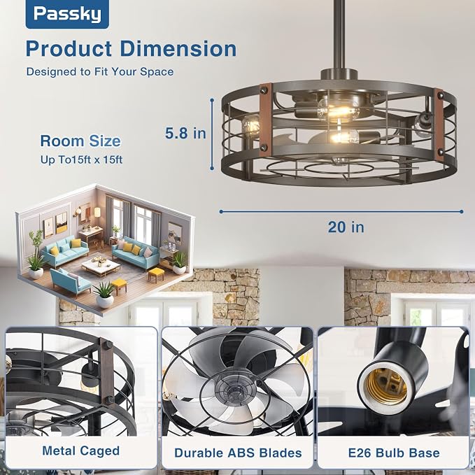 Passky 20 Inch Farmhouse Caged Ceiling Fans with Lights and Remote, Black Downrod Mount Bladeless Fandelier, 6 Speeds Bladeless Ceiling Fan Light for Bedroom, Kitchen, Living Room, Indoor