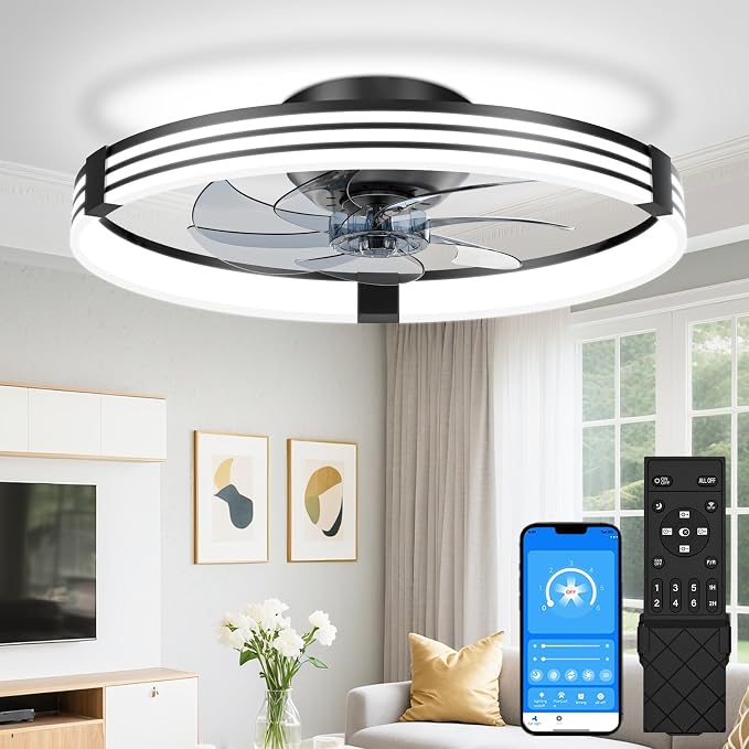 VOLISUN Low Profile Ceiling Fans with Lights and Remote, 20in Flush Mount Ceiling Fan with Light, 3000K-6500K Dimmable Fandelier LED Fan Light, Black Bladeless Ceiling Fans with Lights for Bedroom