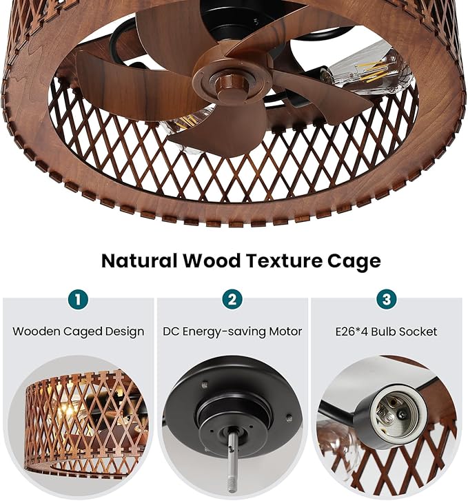 20" Flush Mount Ceiling Fan with Light, Wooden Caged Low Profile Fandelier with Remote, 6-Speed Reversible Bladeless Fan, Farmhouse Ceiling Fan for Bedroom, Kitchen, Living Room
