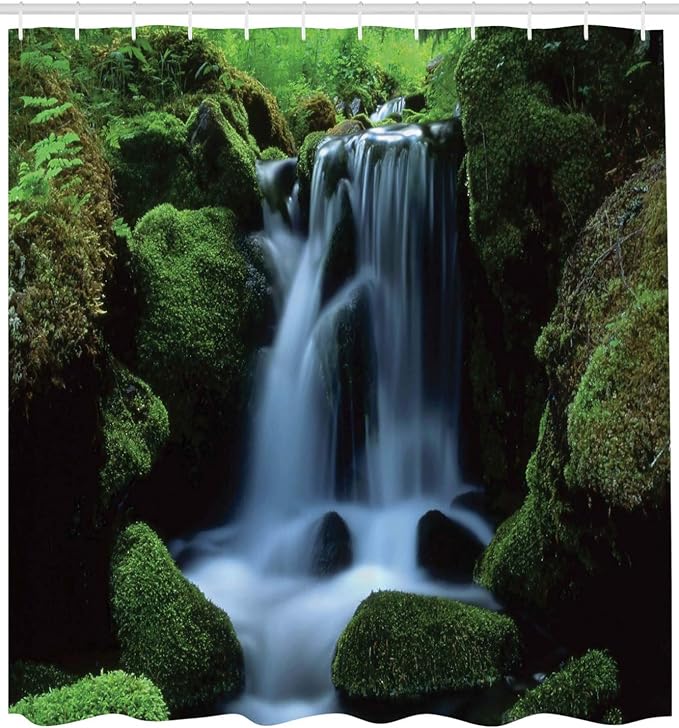 Ambesonne Waterfall Shower Curtain, Flowing Water from Mountains and Stream with Moss Covered Stones Picture, Cloth Fabric Bathroom Decor Set with Hooks, 69" W x 84" L, Dark Green White