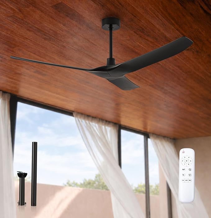 60 Inch Ultra-thin Ceiling Fan Without Lights, Whole Aluminum DC Motor and Blades,6 Speed Adjustable Black Indoor Outdoor Ceiling Fan for Patios and Bedroom