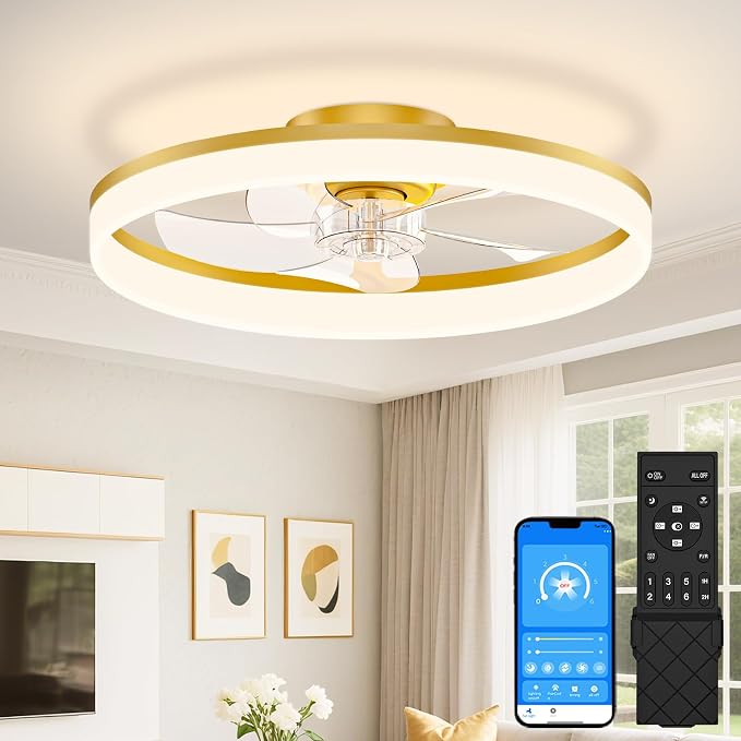 VOLISUN Low Profile Ceiling Fans with Lights and Remote, 20in Fandelier Ceiling Fan Flush Mount, 3000K-6500K Smart Bladeless LED Fan Light, Gold Modern Ceiling Fans with Lights for Bedroom