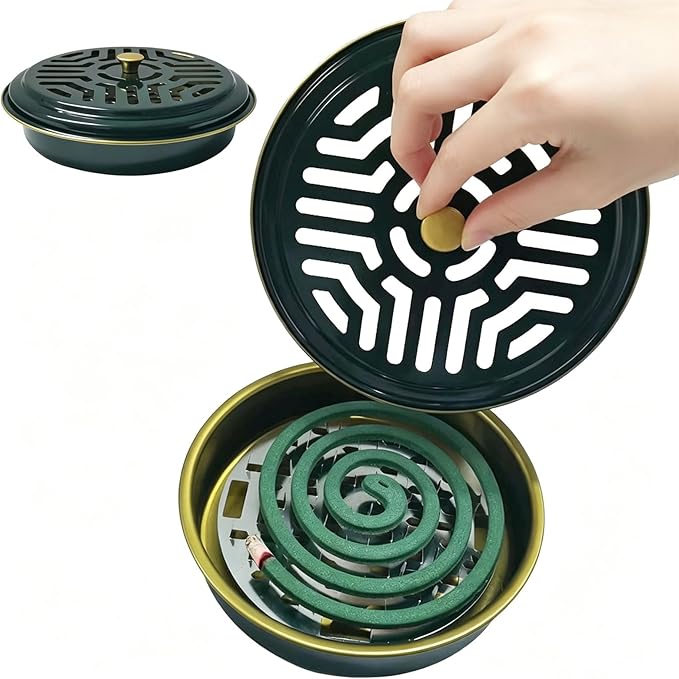 Mosquito Coil Holder, 2 Pack Metal Mosquito Repellent Coil Holder with Lid Emerald Portable Incense Coil Burner for Outdoor Camping Patio Party (Emerald)