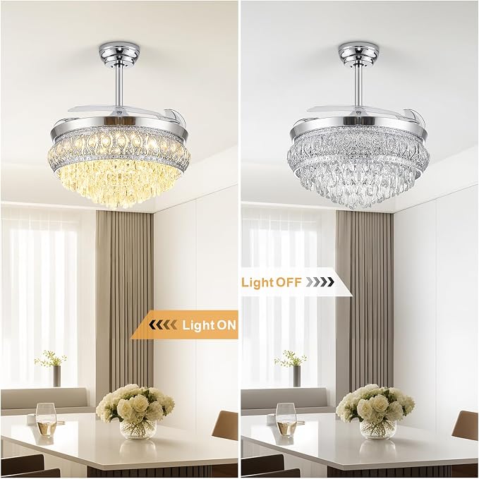 42" Fandelier Ceiling Fan with Light, Crystal Retractable Ceiling Fan with Lights and Remote, Chandelier Fans for Bedroom Living Room, Reversible DC Motor, Dimmable, 6 Speeds - Chrome