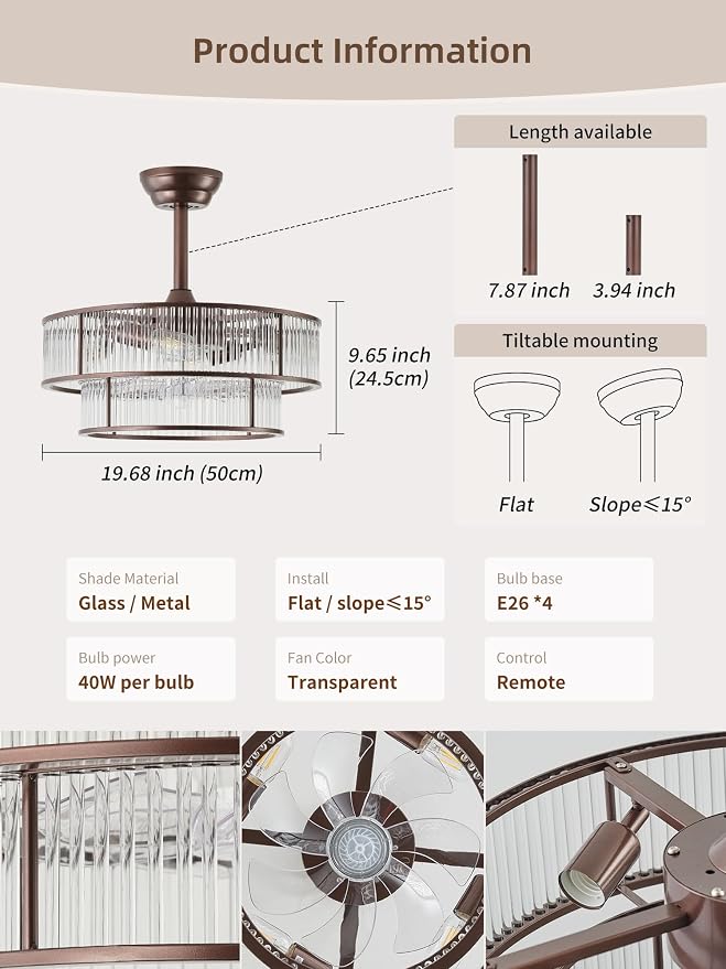 Brown Fandelier Ceiling Fans with Lights, 20" Brown Crystal Chandelier Ceiling Fan with Light Remote Control, Caged Mid Century with 6 Speeds for Bedroom, Living Room, Nursery