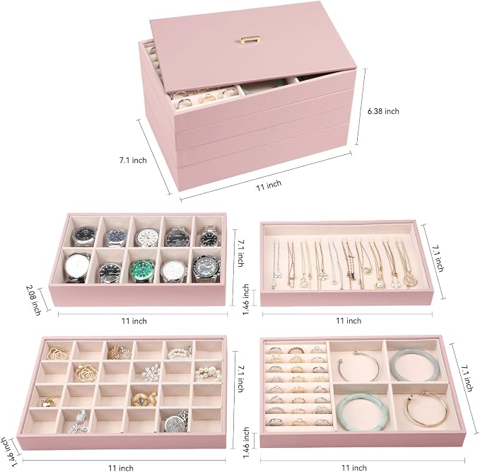 Voova Stackable Jewelry Organizer Tray with Lid, PU Leather Jewelry Storage Holder for Drawer Inserts, Jewellery Display Box Case for Earring Necklace Ring Watch Bracelet (Set of 4, Rose Gold)