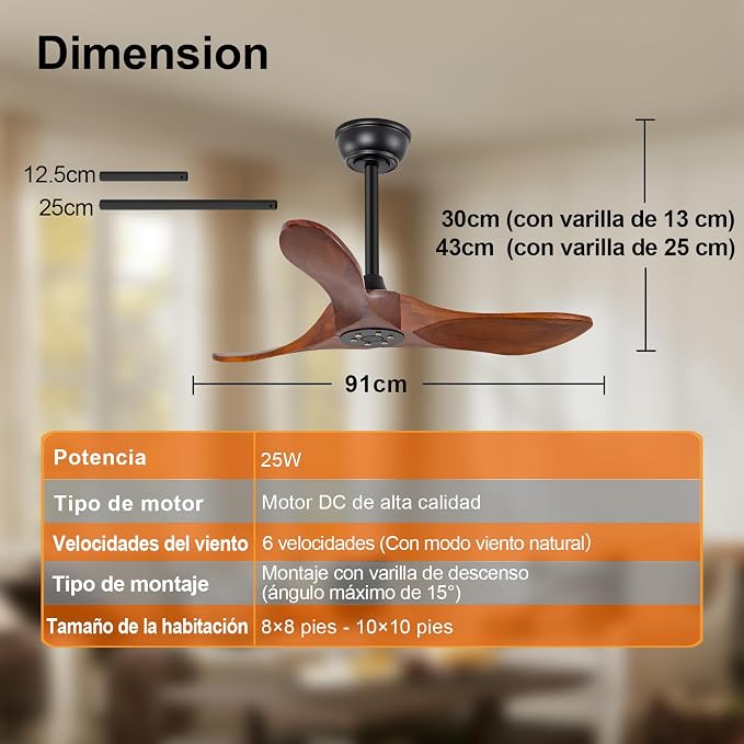 36 Inch Solid Wood Ceiling Fans without Lights, 6 Speeds,Reversible DC Motor, Noiseless, Black Ceiling Fan No Light, Modern Indoor Outdoor Ceiling Fan with Remote for Patio Living Room Bedroom