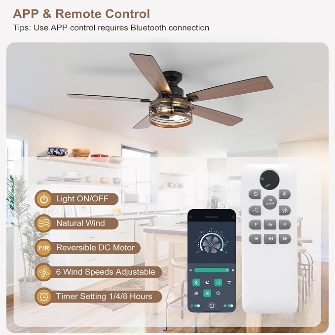 Qcyuui 52" Ceiling Fans with Lights and Remote Farmhouse Ceiling Fan with Light, 6-Speed Reversible DC Motor, Dual Finish 5 Blades, Rustic Caged Ceiling Fan for Bedroom Living Room,Black Walnut