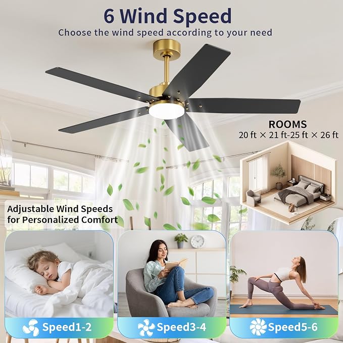52 Inch Ceiling Fans with Lights and Remote for Bedroom Living Room Kitchen Home Office Indoor/Outdoor, 18W 3CCT Dimmable, Dual Color 5 Blades 6 Speed Reversible Quiet DC Motor, Gold/Wood Grain