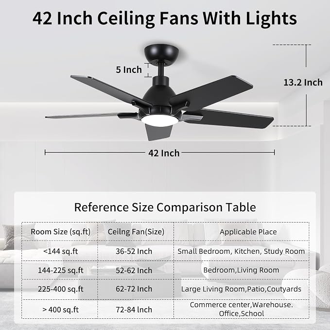 42 Inch Ceiling Fan with Light and Remote Control, Black | 6-Speed Quiet Reversible DC Motor, 3CCT Dimmable 24W LED Light,5 Wood Blades,Used for Bedroom, Living Room, Covered Patio