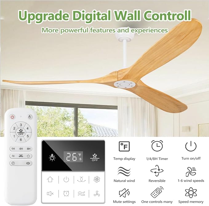 72 Inch Natural Wood Large Ceiling Fans Without Lights,Propeller Outdoor Ceiling Fans Without Lights with Wall Switch and Remote Control,Quiet DC Motor,3 Blades Ceiling Fan for Patios