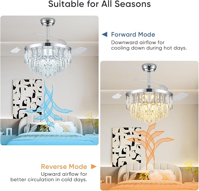 TXCSLY 42" Fandelier Ceiling Fan with Light, Crystal Chandelier Fan with Retractable Blades Dimmable Crystal Ceiling Fan Chandelier for Bedroom Living Room Dining Room-Chrome