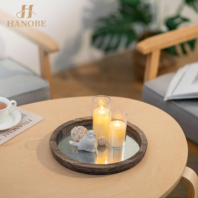 Hanobe Round Wood Candle Holder Trays, Coffee Table Decor for Centerpieces | Wooden Base with Zinc Iron plate, Decorative Tealight Candlestick for Kitchen Counter, Farmhouse Living Room Decor