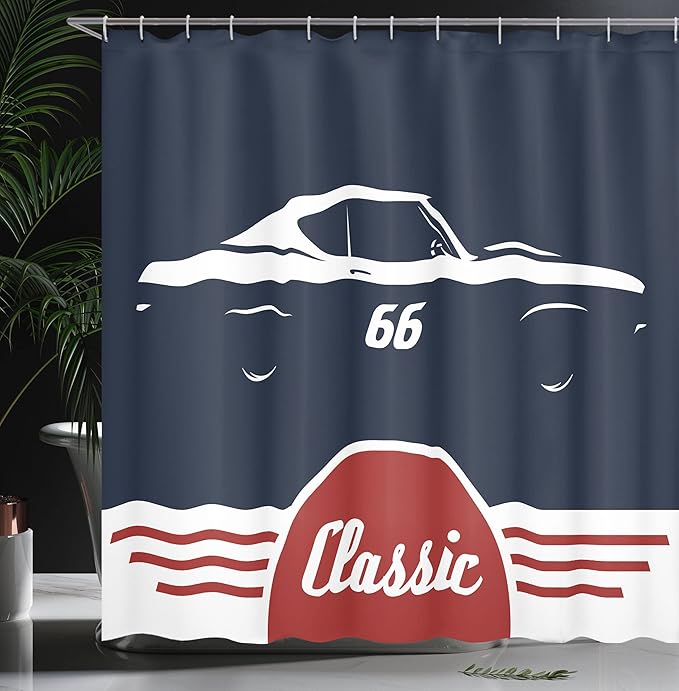 Ambesonne Man Cave Shower Curtain, Classic Vintage Sports Car Muscle Vehicle Silhouette Old Fashioned Style, Cloth Fabric Bathroom Decor Set with Hooks, 69" W x 70" L, Dark Blue