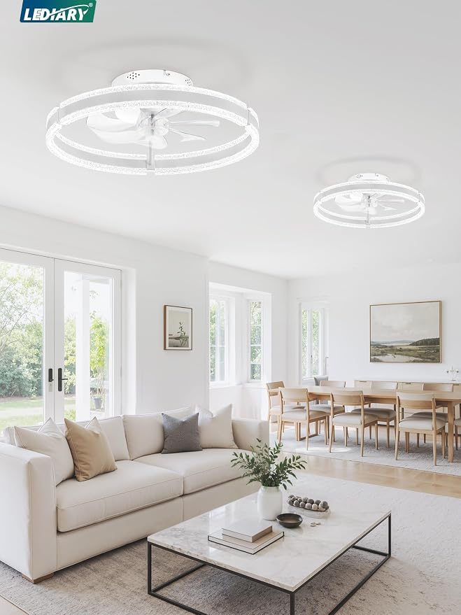 LEDIARY 20" Ceiling Fans with Lights and Remote, White Low Profile Ceiling Fan with Light, 3000-6000K Dimmable Fandelier Ceiling Fans, Modern Flush Mount Fan Light for Bedroom-2 Pack