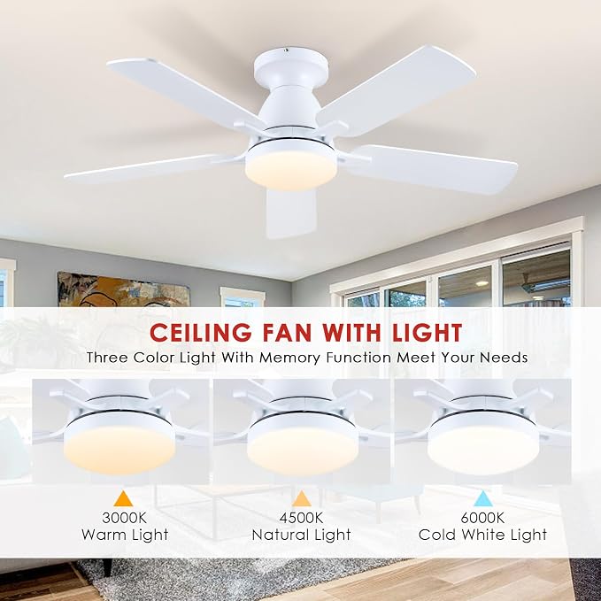 Mpayel 46 Inch Ceiling Fans with Lights and Remote, White Ceiling Fan with Light Flush Mount, Low Noise, Reversible, Dimmable, Modern Low Profile Ceiling Fan with Light for Bedroom Indoor Outdoor