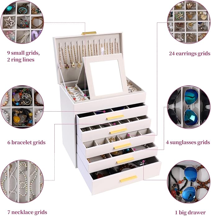 BOOVO Jewelry Boxes for Women, White and Black 6 Layer Large Jewelry Box for Necklace, Bracelet, Earrings, Rings Storage, Jewelry holder Organizer for Girls Gift (White and Gold, 6 layer)