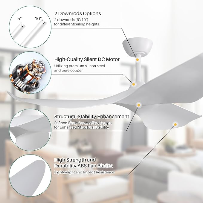 CACI Mall 52" White Ceiling Fan No Light, Modern, Remote Control, Low Profile, 3 Blades Ceiling Fan with Noiseless Reversible Dc Motor for Living room, Bedroom