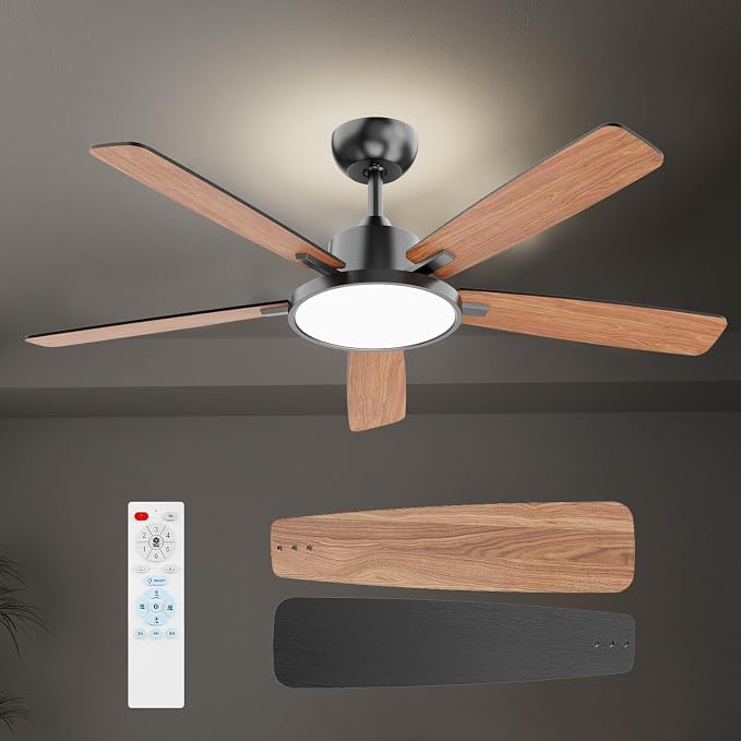 TALOYA 52 Inch Black Ceiling Fans with Lights Led Back Light Remote Control Flush Mount Low Profile for Bedroom Living Room Outdoor Patio,Reversible,DC Motor,3 Color Temperatures,5 Blades