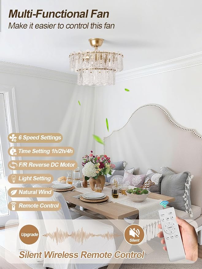 Gold Crystal Fandelier Ceiling Fan with Light, 20" Caged Chandelier Ceiling Fan with Light Remote Control, Mid-Century Enclosed 6 Speeds for Bedroom, Nursery, Living Room, Foyer