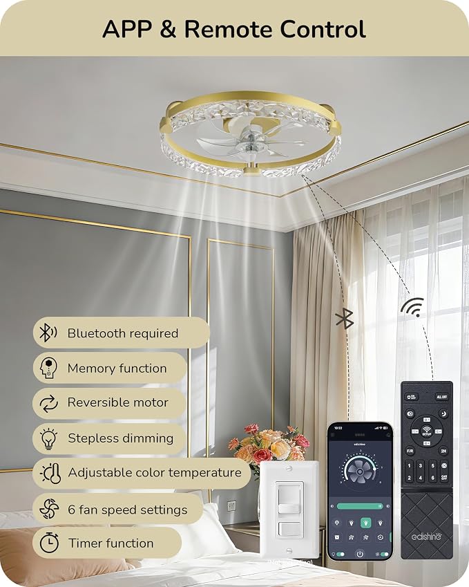 EDISHINE Ceiling Fans with Lights, 20'' Low Profile Flush Mount Fandelier, 3000-6000K Dimmable, 6 Speeds, App & Remote Control, DC Motor, LED Modern Bladeless Fan Light for Bedroom, Gold