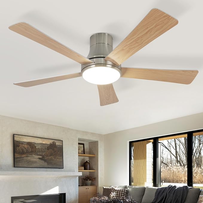 52 Inch Outdoor Ceiling Fans with Lights and Remote, Brushed Nickel Flush Mount Ceiling Fan, 5 Reversible Blades, Dimmable LED, 3-Color Temperatures, 6 Speeds, for Bedroom, Living Room, Patio
