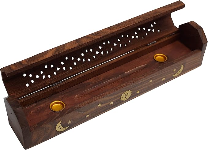 Coffin Style Wood Incense Burner Holder with Sun and Moon Inlays for Incense Sticks and Cones