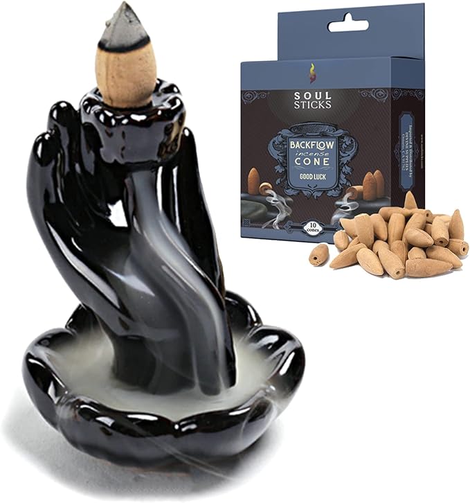 SOUL STICKS Backflow Incense Holder Burner Waterfall Fountain for Home, Office, Yoga, Room Decor & Aromatherapy with 1 Pack of 10 Backflow Fragrance Cones Included (Hand Waterfall)