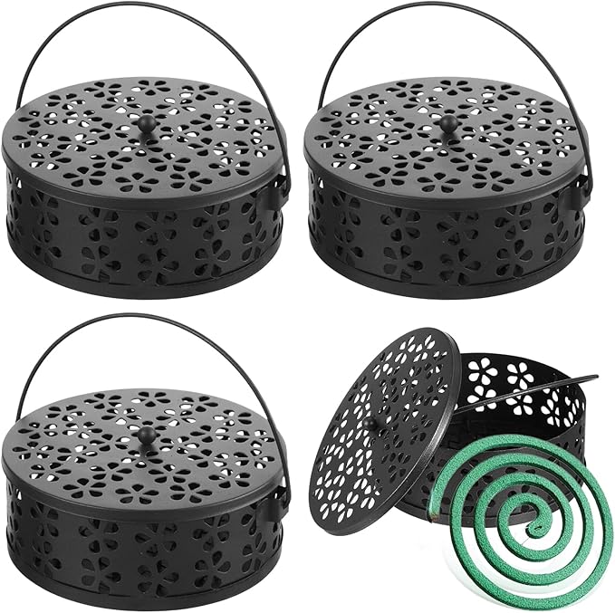 4Pcs Mosquito Coil Holder, Coil Incense Holder with Handle Round Heat-Resistant Mosquito Incense Burner for Indoor Outdoor Hanging Camping Patio (Black)