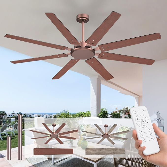 Amico 72 Inch Outdoor Ceiling Fan No Light with Remote, Large Brown Ceiling Fan Without Light, Quiet Reversible DC Motor, 6 Speeds, Timer, 8 Blades for Living Room, Covered Patio, Porch, Garage