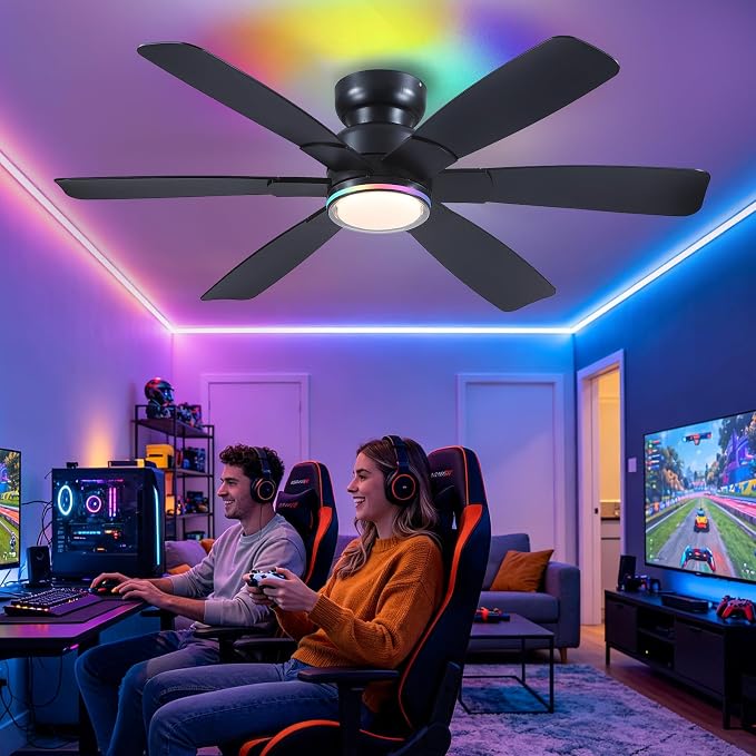 Kviflon 52" Modern Ceiling Fans with RGB Lights Remote/APP Control, Low Profile Flush Mount Ceiling Fan, 6 Reversible Plastic Blades 6 Speeds, RGB + 3 CCT Dimmable Lights for Bedroom Kidsroom, Black