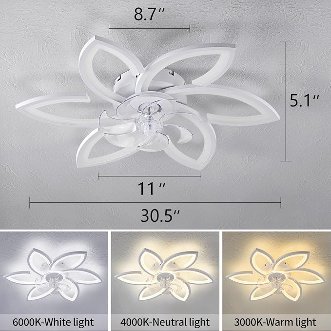 Dalouguan Ceiling Fan with Lights Remote Control, 30" White Flower 6 Speeds 3 Light Color Low Profile Flush Mount Ceiling Fan for Kitchen Bedroom