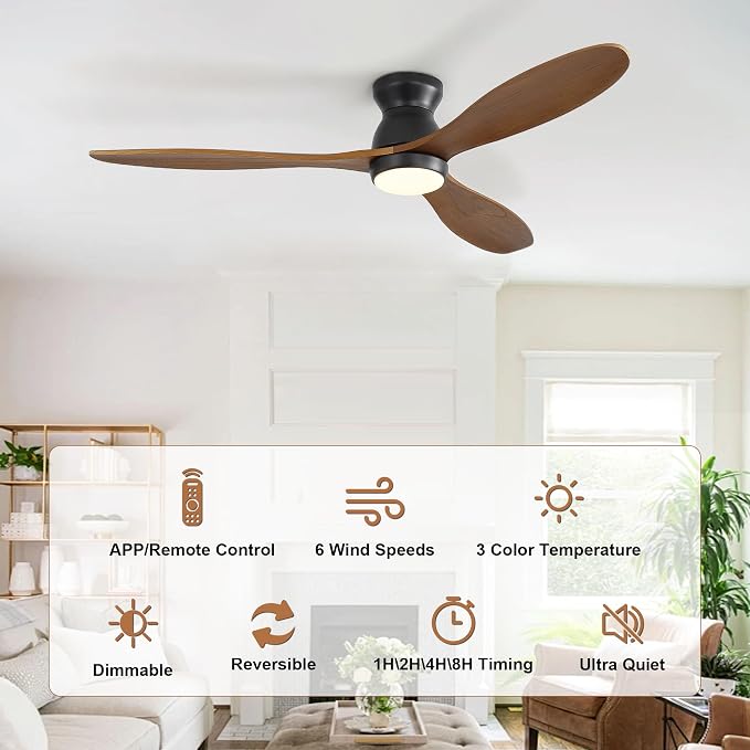 52 Inch Ceiling Fan with Light and Remote & APP Control, 3 Wooden Blades, 6 Wind Speeds, Quiet DC Motor, Indoor Flush Mount Ceiling Fan for Bedroom Living Room Farmhouse Patio