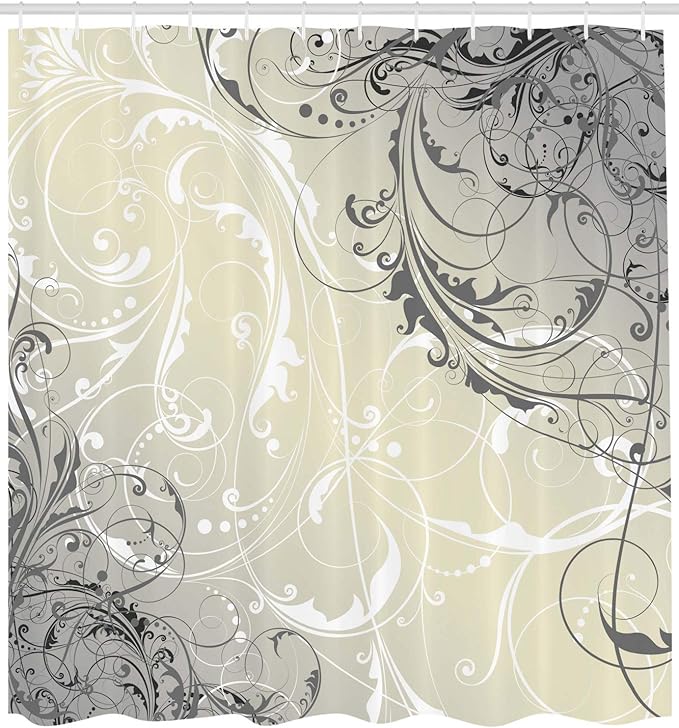 Ambesonne Floral Shower Curtain, Baroque Swirled Branches Curved Flower Leaves Shabby Form Nature Pattern, Cloth Fabric Bathroom Decor Set with Hooks, 69" W x 84" L, Eggshell White