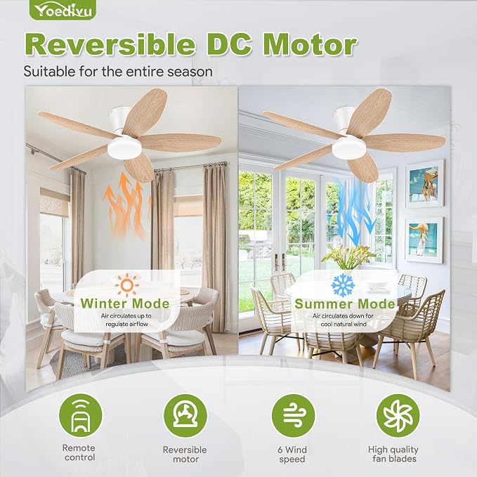 Ceiling Fans with Lights - 42 Inch White&Wood Flush Mount Ceiling Fan 6-Speed Wind, Quiet Reversible DC Motor, 3 Color Dimmable Lighting, Small Low Profile Ceiling Fans for Living Room/Bedroom