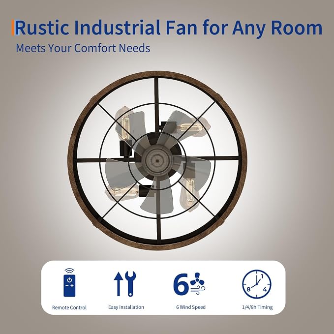 GarveeHome Caged Ceiling Fan 20in with Light, Flush Mount Fan Light Fixture | Metal Cage Flush Mount Ceiling Fan with Light, Remote Control Farmhouse Fan Light for Bedroom