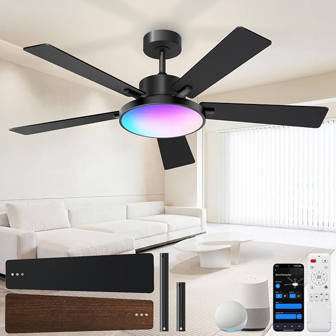 Ceiling Fan with Light,RGBCW Smart 52" Low Profile Ceiling Fan with Light and Remote,Alexa/Google/App Control,Reversible DC Motor,Dimmable,2500lm,Quiet Fan for Bedroom,Living Room Black