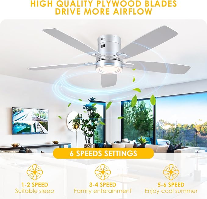 52 Inch Modern Ceiling Fans with Lights Flush Mount Indoor, Silver | Low Profile, Dimmable LED, Reversible, Quiet DC Motor, Wooden Blades, for Modern Apartment Bedroom Home Office Living Room