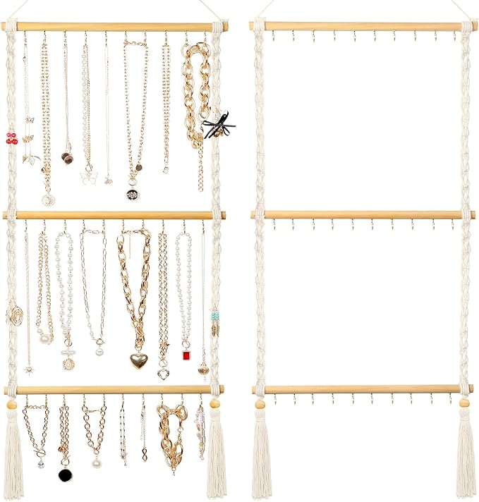 UREYMX Hanging Jewelry Organizer Macrame Necklace Holder, with 30 Hooks, Over Door Necklace Rack, Wall Mounted Jewelry Hanger with Tassel Boho for Necklace Headband Bow Earring Bracelet