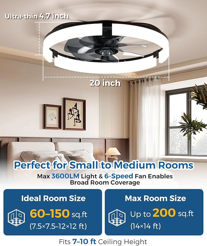 PACOVY Ceiling Fans with Lights and Remote 20 Inch, 3200LM LED & 6-Speed Fan, Low Profile Ceiling Fan Light Fandelier Dimmable 3000K–6500K, Quiet Copper Motor, Bedroom Small Flush Mount Ceiling Fan